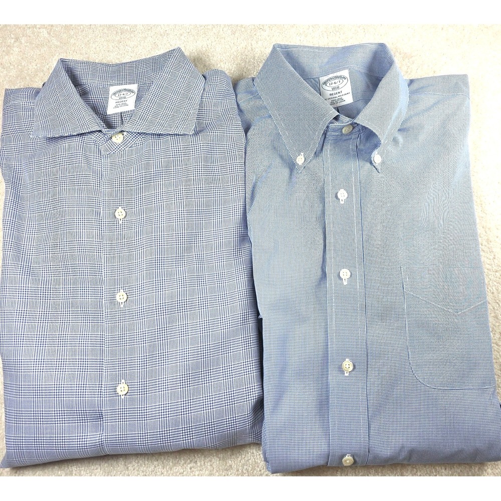 Brooks Brothers Dress Shirt Mens 17-6/7 Blue‎ Regent Non Iron Cotton Lot Of 2